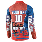 Personalized Newcastle Knights ANZAC Tribute Button Sweatshirt Poppy Field Soldier Silhouette Aboriginal Rugby Mascot