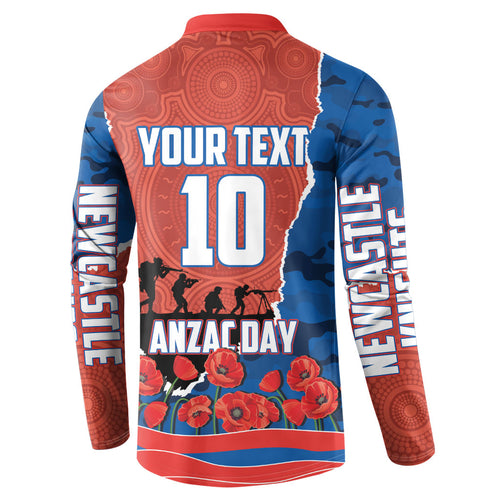 Personalized Newcastle Knights ANZAC Tribute Button Sweatshirt Poppy Field Soldier Silhouette Aboriginal Rugby Mascot