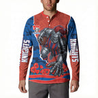Personalized Newcastle Knights ANZAC Tribute Button Sweatshirt Poppy Field Soldier Silhouette Aboriginal Rugby Mascot