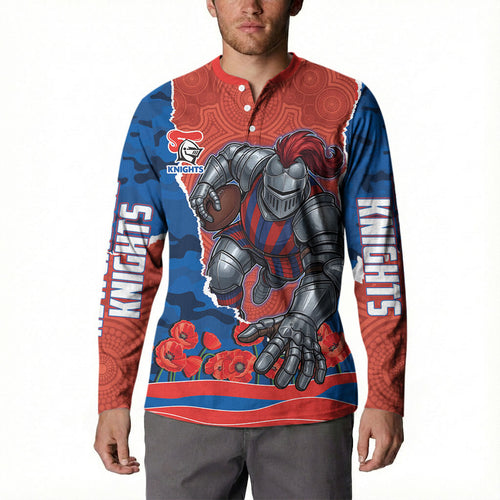 Personalized Newcastle Knights ANZAC Tribute Button Sweatshirt Poppy Field Soldier Silhouette Aboriginal Rugby Mascot