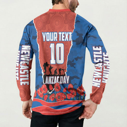 Personalized Newcastle Knights ANZAC Tribute Button Sweatshirt Poppy Field Soldier Silhouette Aboriginal Rugby Mascot