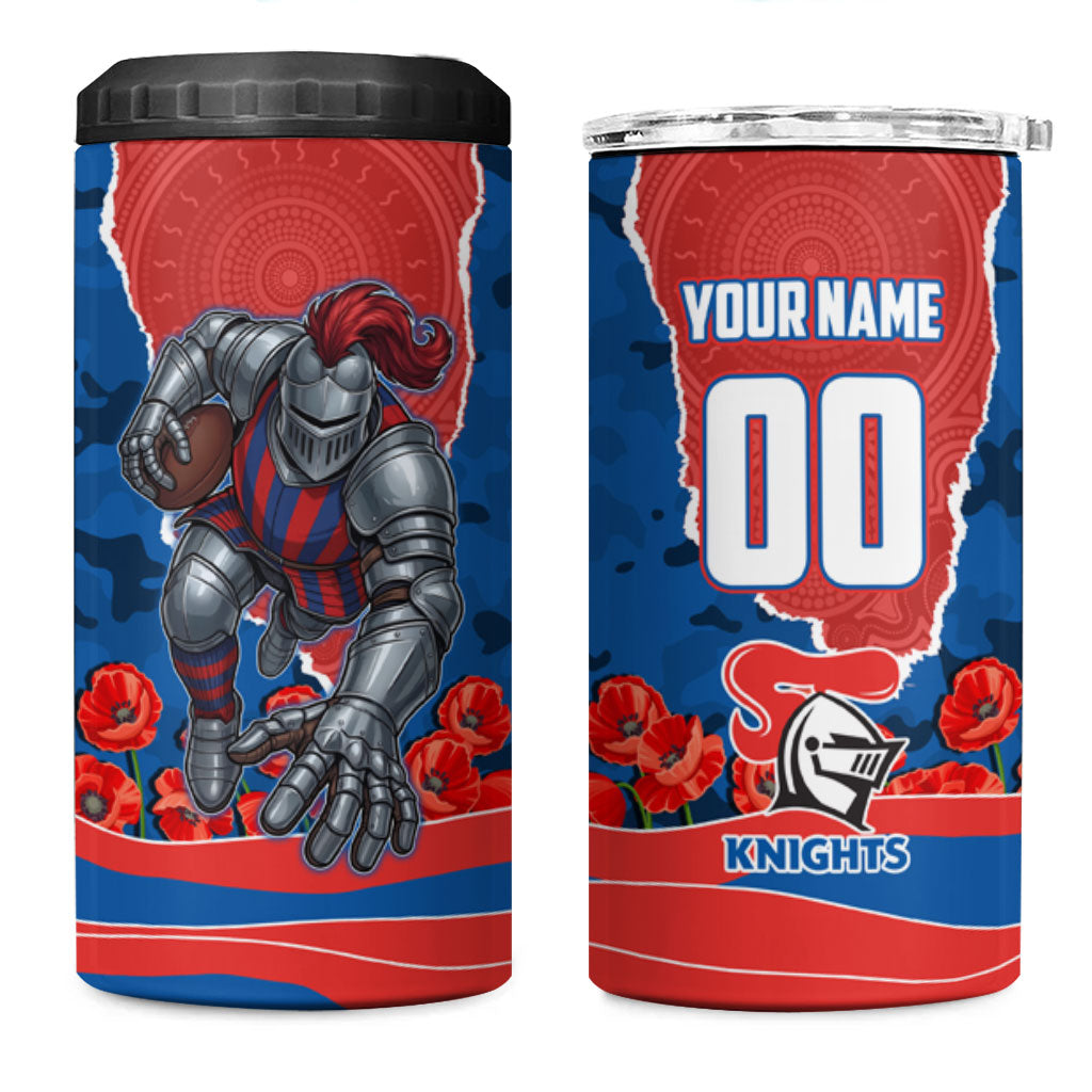 Personalized Newcastle Knights ANZAC Tribute 4 in 1 Can Cooler Tumbler Poppy Field Soldier Silhouette Aboriginal Rugby Mascot
