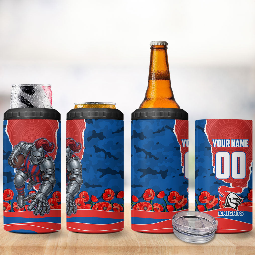 Personalized Newcastle Knights ANZAC Tribute 4 in 1 Can Cooler Tumbler Poppy Field Soldier Silhouette Aboriginal Rugby Mascot