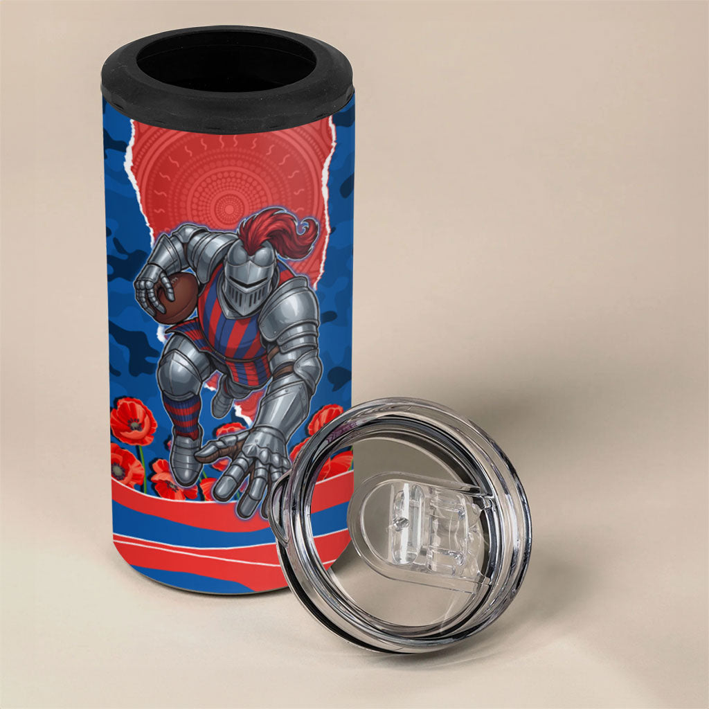 Personalized Newcastle Knights ANZAC Tribute 4 in 1 Can Cooler Tumbler Poppy Field Soldier Silhouette Aboriginal Rugby Mascot