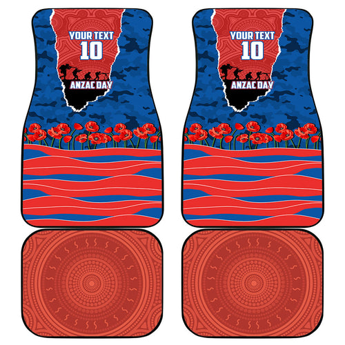 Personalized Newcastle Knights ANZAC Tribute Car Mats Poppy Field Soldier Silhouette Aboriginal Rugby Mascot