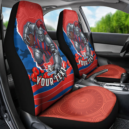 Personalized Newcastle Knights ANZAC Tribute Car Seat Cover Poppy Field Soldier Silhouette Aboriginal Rugby Mascot
