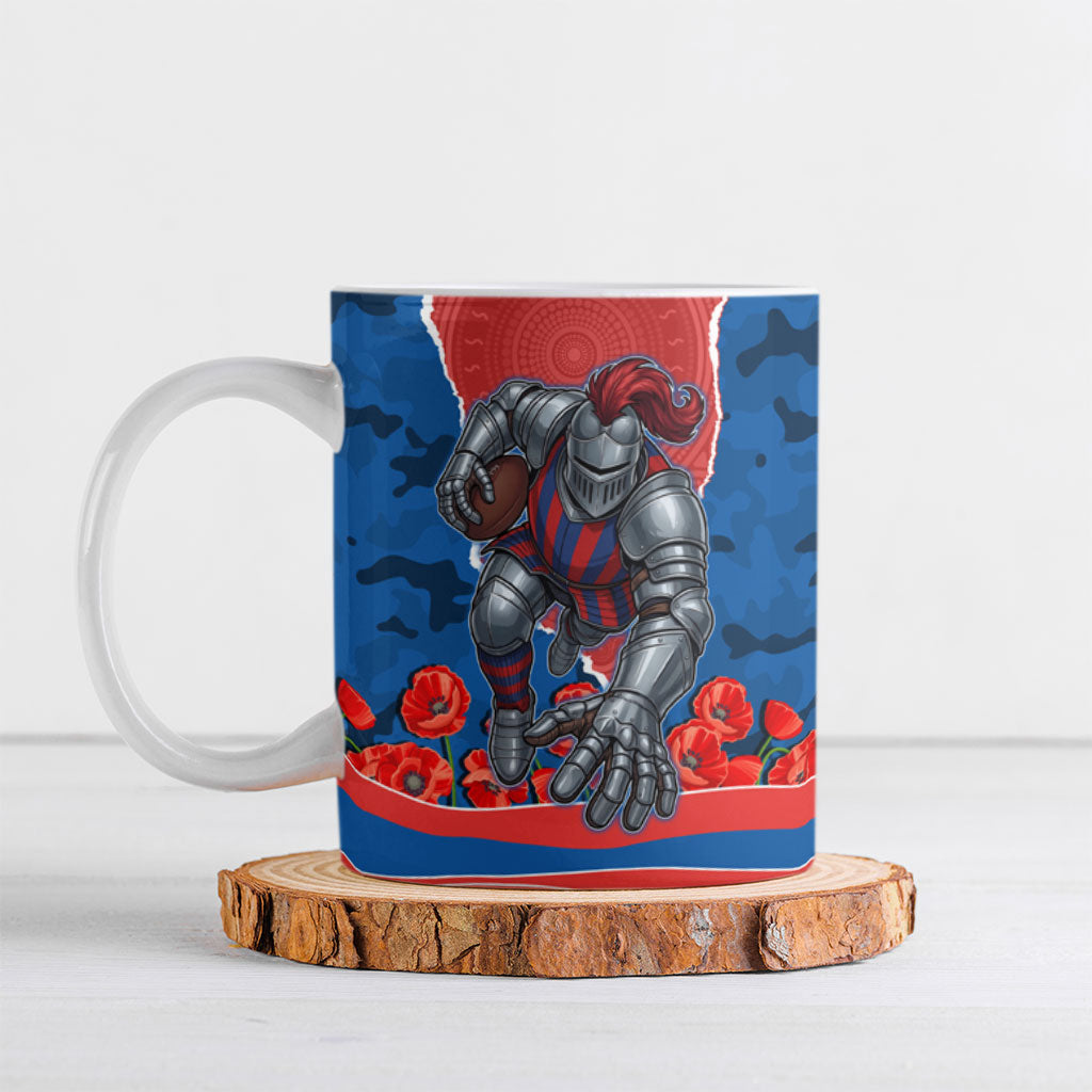Personalized Newcastle Knights ANZAC Tribute Ceramic Mug Poppy Field Soldier Silhouette Aboriginal Rugby Mascot