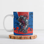Personalized Newcastle Knights ANZAC Tribute Ceramic Mug Poppy Field Soldier Silhouette Aboriginal Rugby Mascot