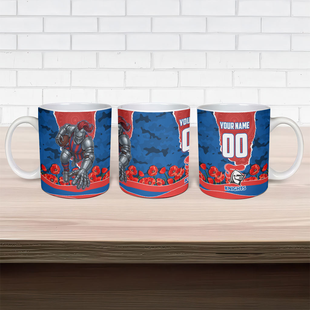 Personalized Newcastle Knights ANZAC Tribute Ceramic Mug Poppy Field Soldier Silhouette Aboriginal Rugby Mascot