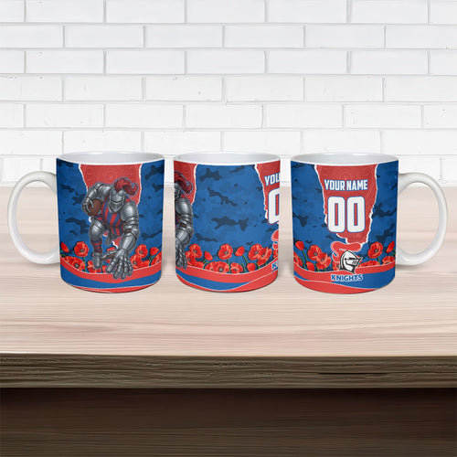 Personalized Newcastle Knights ANZAC Tribute Ceramic Mug Poppy Field Soldier Silhouette Aboriginal Rugby Mascot