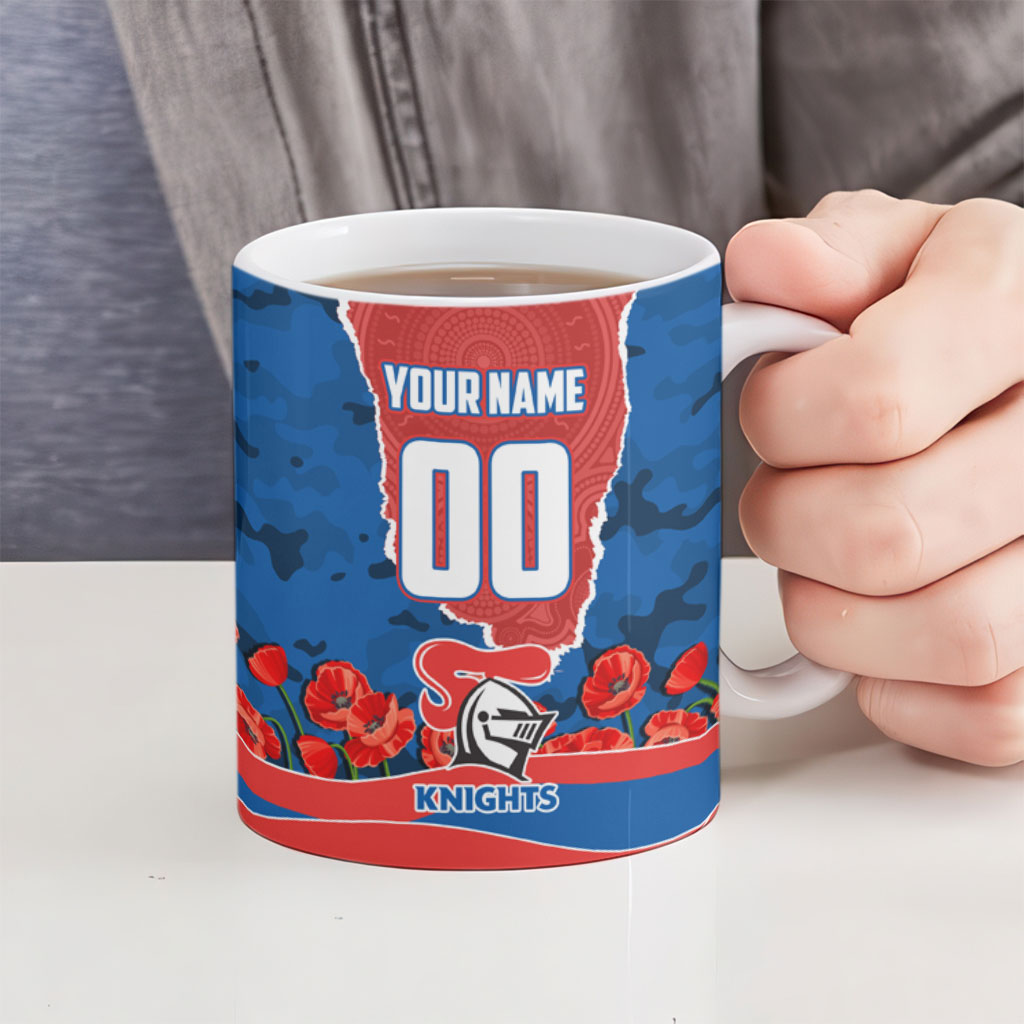 Personalized Newcastle Knights ANZAC Tribute Ceramic Mug Poppy Field Soldier Silhouette Aboriginal Rugby Mascot