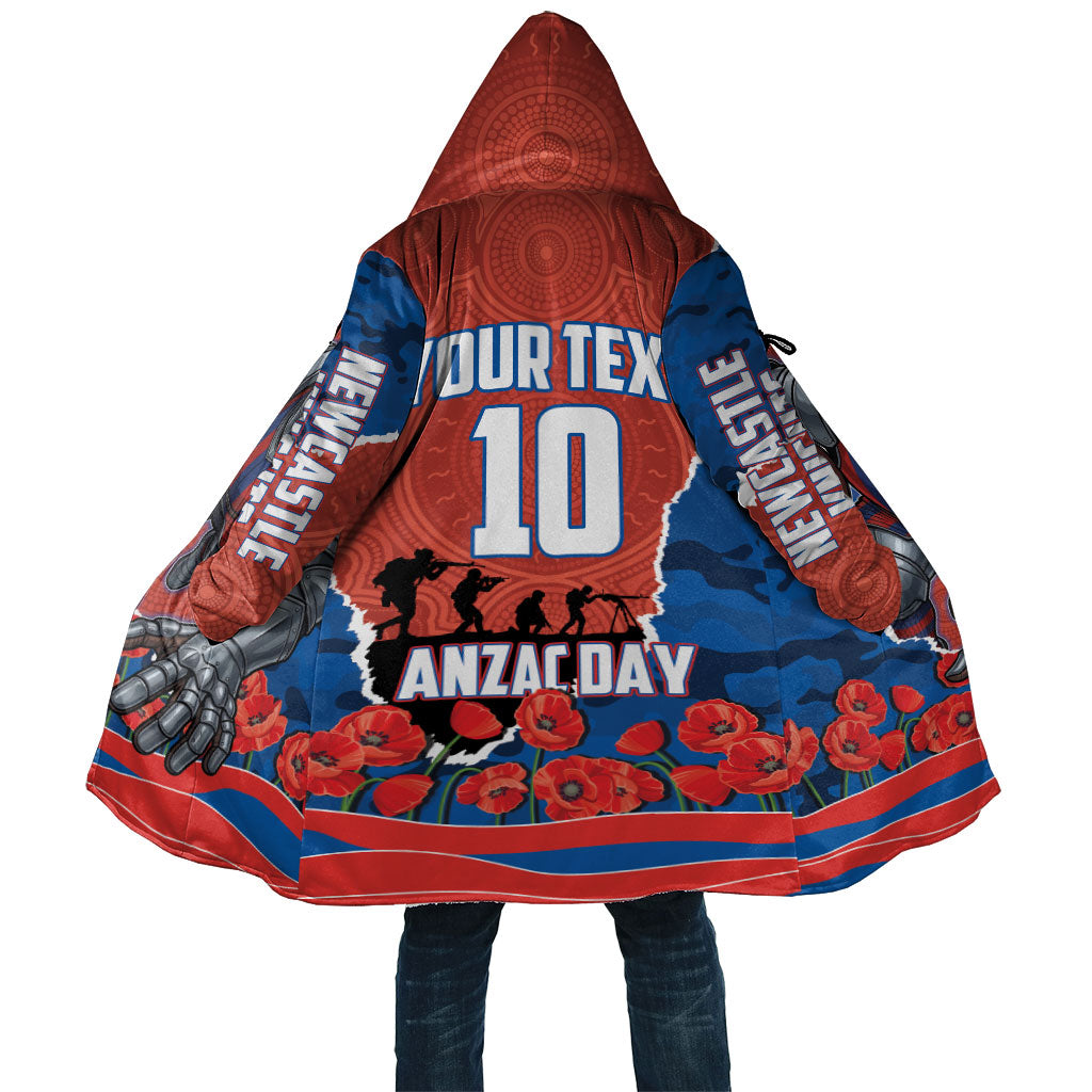 Personalized Newcastle Knights ANZAC Tribute Cloak Poppy Field Soldier Silhouette Aboriginal Rugby Mascot