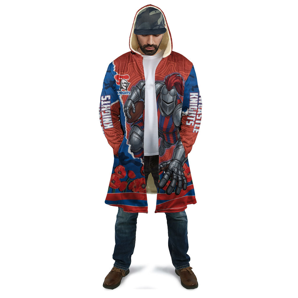 Personalized Newcastle Knights ANZAC Tribute Cloak Poppy Field Soldier Silhouette Aboriginal Rugby Mascot