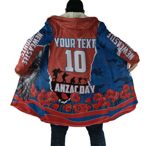 Personalized Newcastle Knights ANZAC Tribute Cloak Poppy Field Soldier Silhouette Aboriginal Rugby Mascot