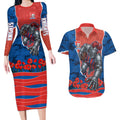 Personalized Newcastle Knights ANZAC Tribute Couples Matching Long Sleeve Bodycon Dress and Hawaiian Shirt Poppy Field Soldier Silhouette Aboriginal Rugby Mascot