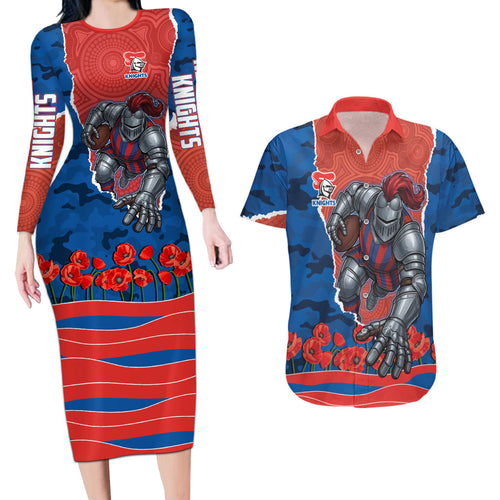 Personalized Newcastle Knights ANZAC Tribute Couples Matching Long Sleeve Bodycon Dress and Hawaiian Shirt Poppy Field Soldier Silhouette Aboriginal Rugby Mascot
