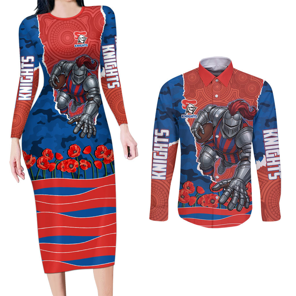 Personalized Newcastle Knights ANZAC Tribute Couples Matching Long Sleeve Bodycon Dress and Long Sleeve Button Shirt Poppy Field Soldier Silhouette Aboriginal Rugby Mascot