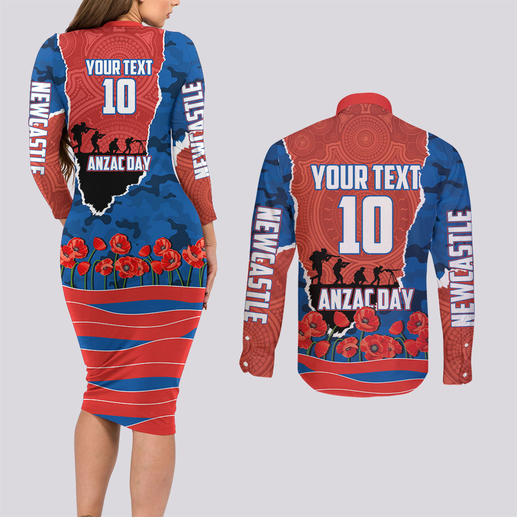Personalized Newcastle Knights ANZAC Tribute Couples Matching Long Sleeve Bodycon Dress and Long Sleeve Button Shirt Poppy Field Soldier Silhouette Aboriginal Rugby Mascot