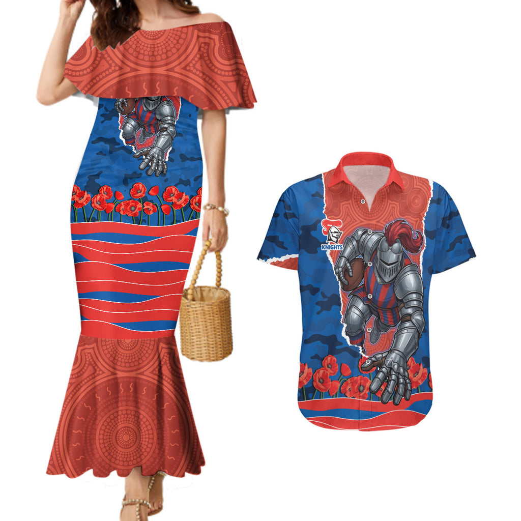 Personalized Newcastle Knights ANZAC Tribute Couples Matching Mermaid Dress and Hawaiian Shirt Poppy Field Soldier Silhouette Aboriginal Rugby Mascot