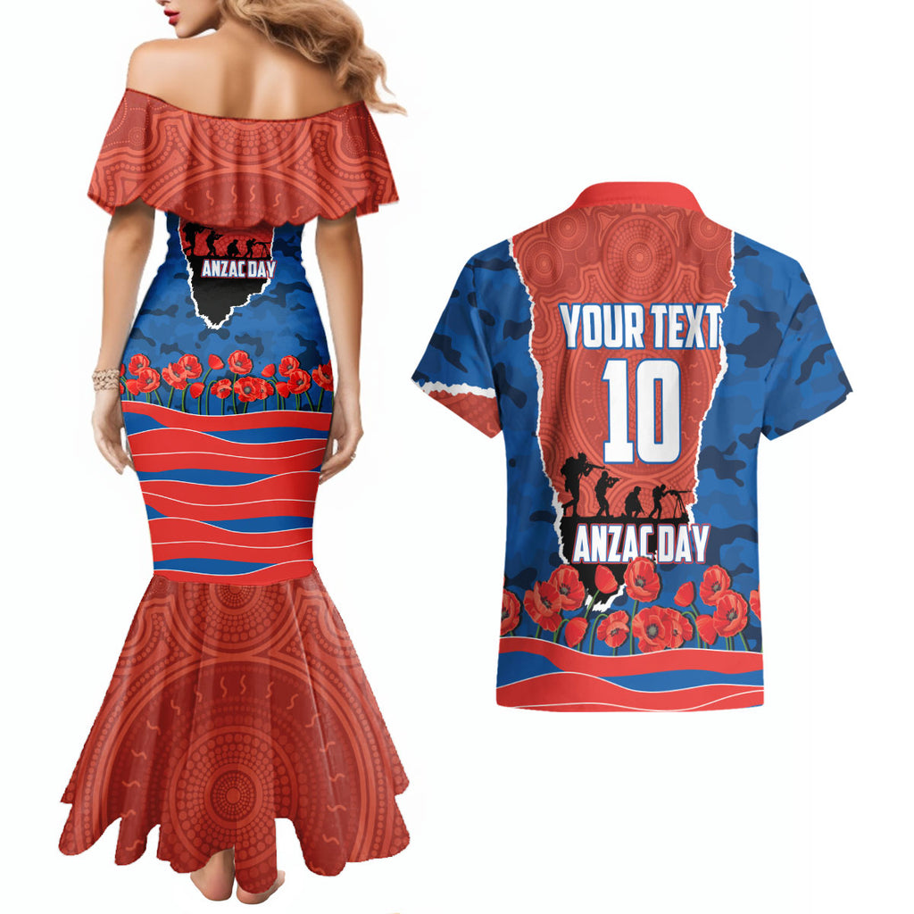 Personalized Newcastle Knights ANZAC Tribute Couples Matching Mermaid Dress and Hawaiian Shirt Poppy Field Soldier Silhouette Aboriginal Rugby Mascot