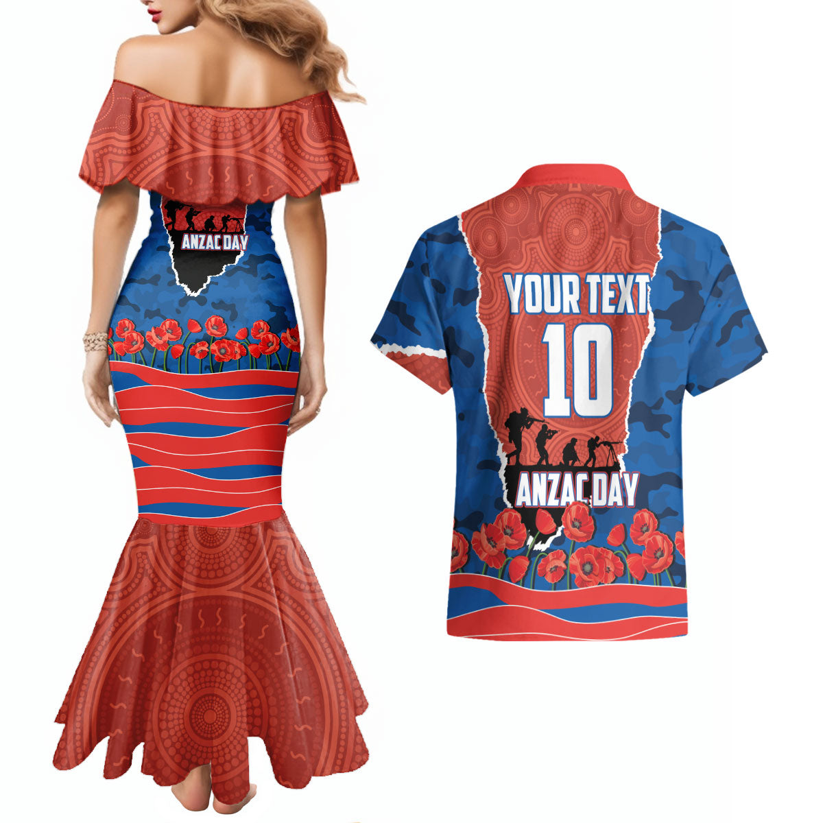 Personalized Newcastle Knights ANZAC Tribute Couples Matching Mermaid Dress and Hawaiian Shirt Poppy Field Soldier Silhouette Aboriginal Rugby Mascot