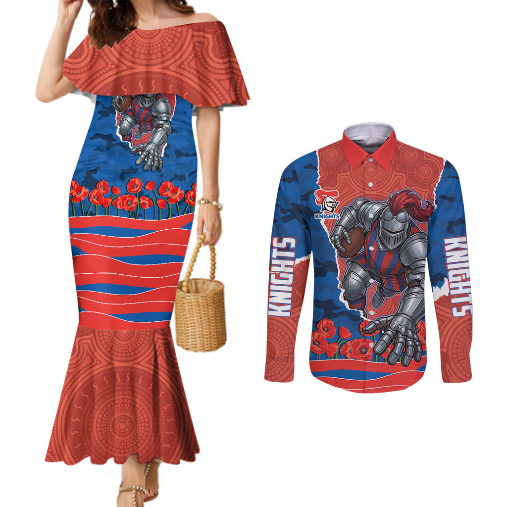 Personalized Newcastle Knights ANZAC Tribute Couples Matching Mermaid Dress and Long Sleeve Button Shirt Poppy Field Soldier Silhouette Aboriginal Rugby Mascot