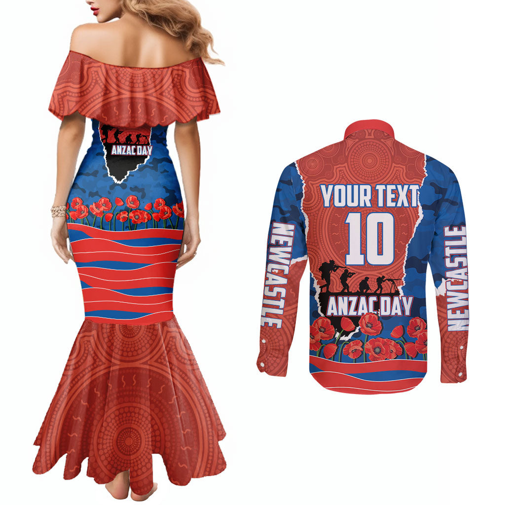 Personalized Newcastle Knights ANZAC Tribute Couples Matching Mermaid Dress and Long Sleeve Button Shirt Poppy Field Soldier Silhouette Aboriginal Rugby Mascot