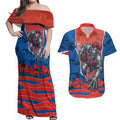 Personalized Newcastle Knights ANZAC Tribute Couples Matching Off Shoulder Maxi Dress and Hawaiian Shirt Poppy Field Soldier Silhouette Aboriginal Rugby Mascot