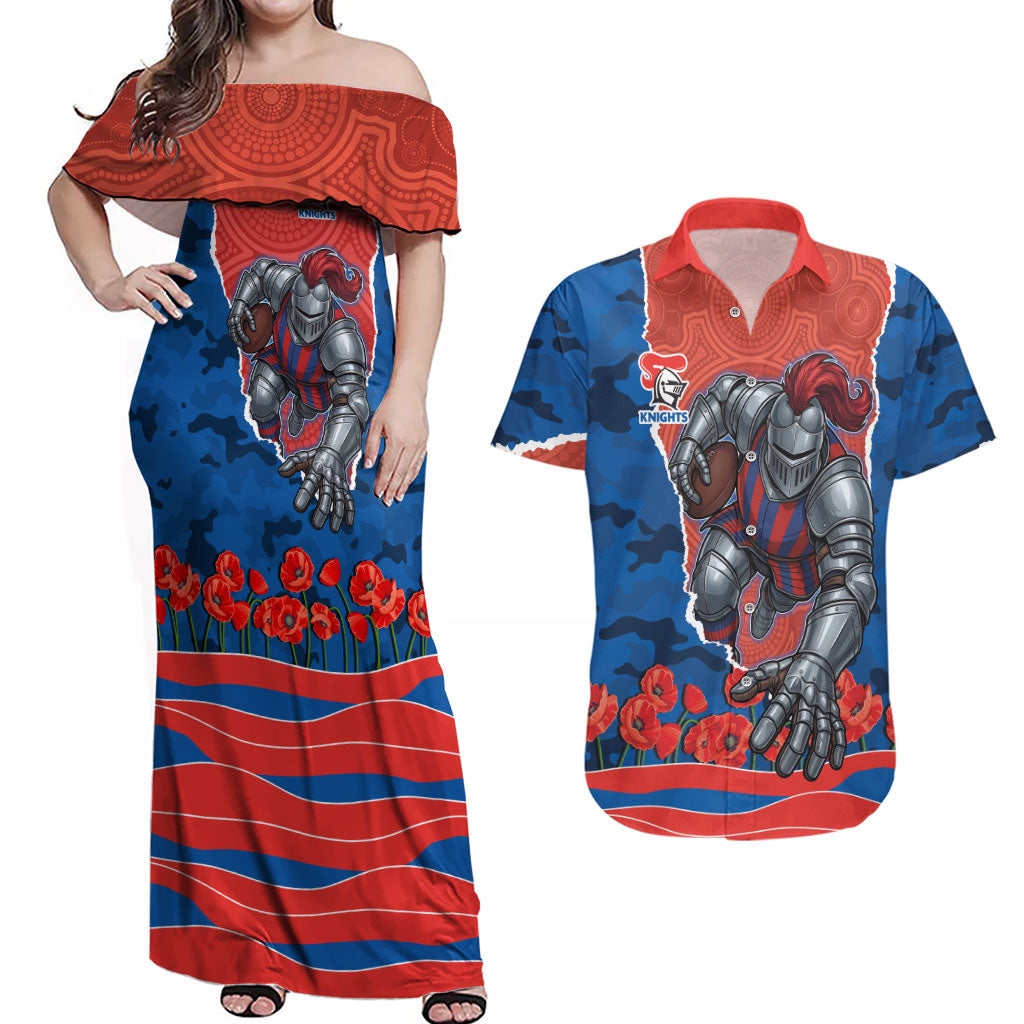 Personalized Newcastle Knights ANZAC Tribute Couples Matching Off Shoulder Maxi Dress and Hawaiian Shirt Poppy Field Soldier Silhouette Aboriginal Rugby Mascot