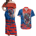 Personalized Newcastle Knights ANZAC Tribute Couples Matching Off Shoulder Maxi Dress and Hawaiian Shirt Poppy Field Soldier Silhouette Aboriginal Rugby Mascot