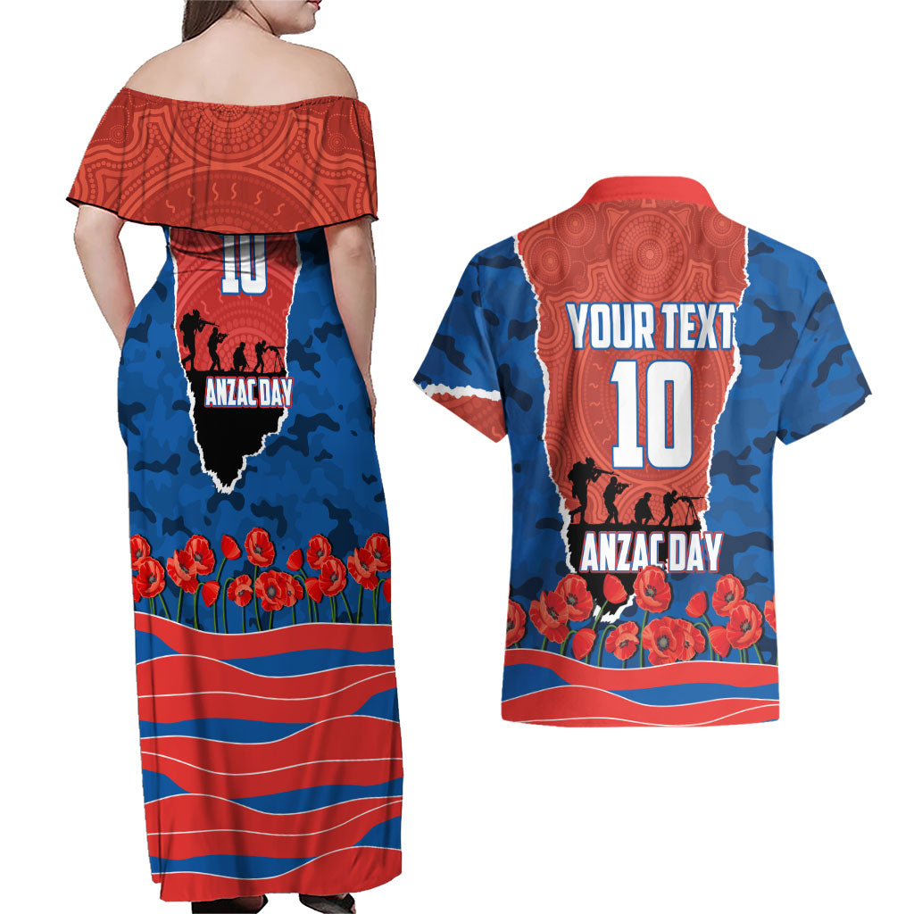 Personalized Newcastle Knights ANZAC Tribute Couples Matching Off Shoulder Maxi Dress and Hawaiian Shirt Poppy Field Soldier Silhouette Aboriginal Rugby Mascot