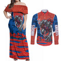 Personalized Newcastle Knights ANZAC Tribute Couples Matching Off Shoulder Maxi Dress and Long Sleeve Button Shirt Poppy Field Soldier Silhouette Aboriginal Rugby Mascot