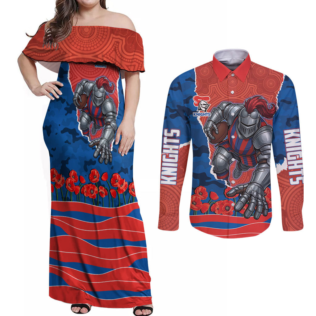 Personalized Newcastle Knights ANZAC Tribute Couples Matching Off Shoulder Maxi Dress and Long Sleeve Button Shirt Poppy Field Soldier Silhouette Aboriginal Rugby Mascot
