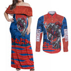 Personalized Newcastle Knights ANZAC Tribute Couples Matching Off Shoulder Maxi Dress and Long Sleeve Button Shirt Poppy Field Soldier Silhouette Aboriginal Rugby Mascot