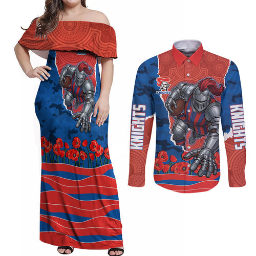 Personalized Newcastle Knights ANZAC Tribute Couples Matching Off Shoulder Maxi Dress and Long Sleeve Button Shirt Poppy Field Soldier Silhouette Aboriginal Rugby Mascot