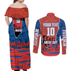 Personalized Newcastle Knights ANZAC Tribute Couples Matching Off Shoulder Maxi Dress and Long Sleeve Button Shirt Poppy Field Soldier Silhouette Aboriginal Rugby Mascot