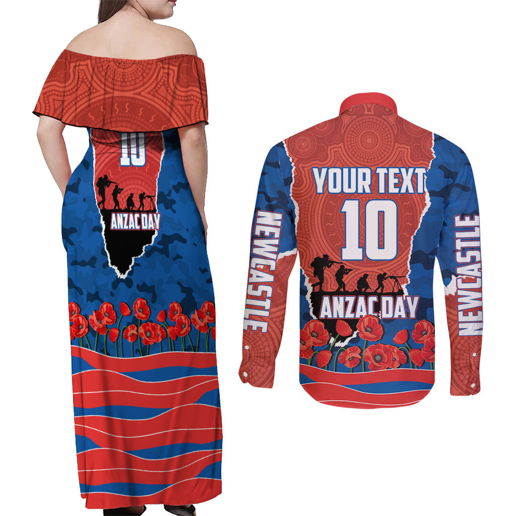 Personalized Newcastle Knights ANZAC Tribute Couples Matching Off Shoulder Maxi Dress and Long Sleeve Button Shirt Poppy Field Soldier Silhouette Aboriginal Rugby Mascot