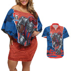 Personalized Newcastle Knights ANZAC Tribute Couples Matching Off Shoulder Short Dress and Hawaiian Shirt Poppy Field Soldier Silhouette Aboriginal Rugby Mascot