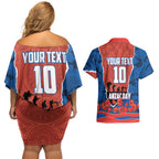 Personalized Newcastle Knights ANZAC Tribute Couples Matching Off Shoulder Short Dress and Hawaiian Shirt Poppy Field Soldier Silhouette Aboriginal Rugby Mascot
