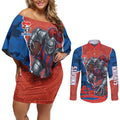 Personalized Newcastle Knights ANZAC Tribute Couples Matching Off Shoulder Short Dress and Long Sleeve Button Shirt Poppy Field Soldier Silhouette Aboriginal Rugby Mascot