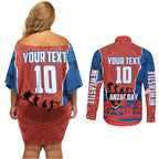 Personalized Newcastle Knights ANZAC Tribute Couples Matching Off Shoulder Short Dress and Long Sleeve Button Shirt Poppy Field Soldier Silhouette Aboriginal Rugby Mascot
