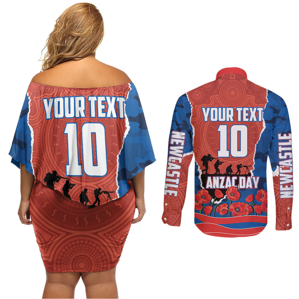 Personalized Newcastle Knights ANZAC Tribute Couples Matching Off Shoulder Short Dress and Long Sleeve Button Shirt Poppy Field Soldier Silhouette Aboriginal Rugby Mascot