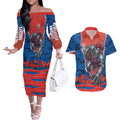 Personalized Newcastle Knights ANZAC Tribute Couples Matching Off The Shoulder Long Sleeve Dress and Hawaiian Shirt Poppy Field Soldier Silhouette Aboriginal Rugby Mascot