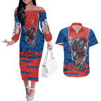 Personalized Newcastle Knights ANZAC Tribute Couples Matching Off The Shoulder Long Sleeve Dress and Hawaiian Shirt Poppy Field Soldier Silhouette Aboriginal Rugby Mascot