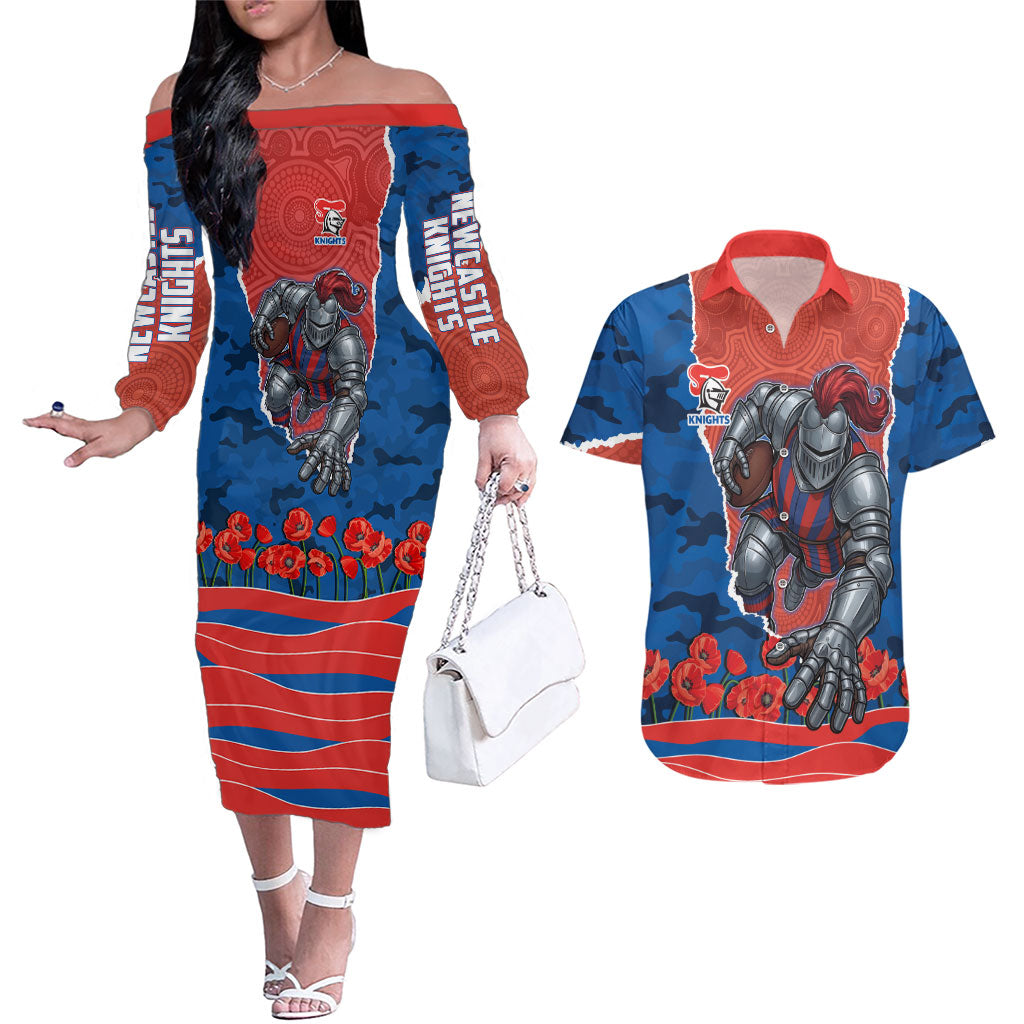Personalized Newcastle Knights ANZAC Tribute Couples Matching Off The Shoulder Long Sleeve Dress and Hawaiian Shirt Poppy Field Soldier Silhouette Aboriginal Rugby Mascot