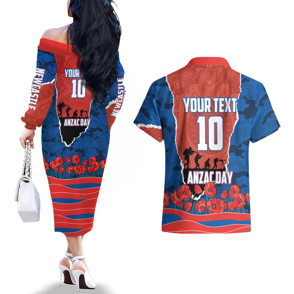 Personalized Newcastle Knights ANZAC Tribute Couples Matching Off The Shoulder Long Sleeve Dress and Hawaiian Shirt Poppy Field Soldier Silhouette Aboriginal Rugby Mascot