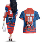 Personalized Newcastle Knights ANZAC Tribute Couples Matching Off The Shoulder Long Sleeve Dress and Hawaiian Shirt Poppy Field Soldier Silhouette Aboriginal Rugby Mascot