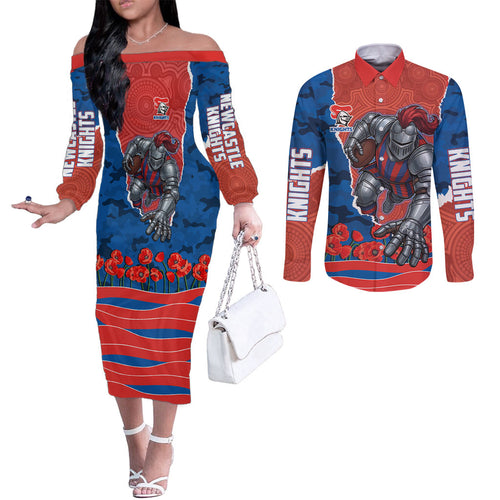 Personalized Newcastle Knights ANZAC Tribute Couples Matching Off The Shoulder Long Sleeve Dress and Long Sleeve Button Shirt Poppy Field Soldier Silhouette Aboriginal Rugby Mascot