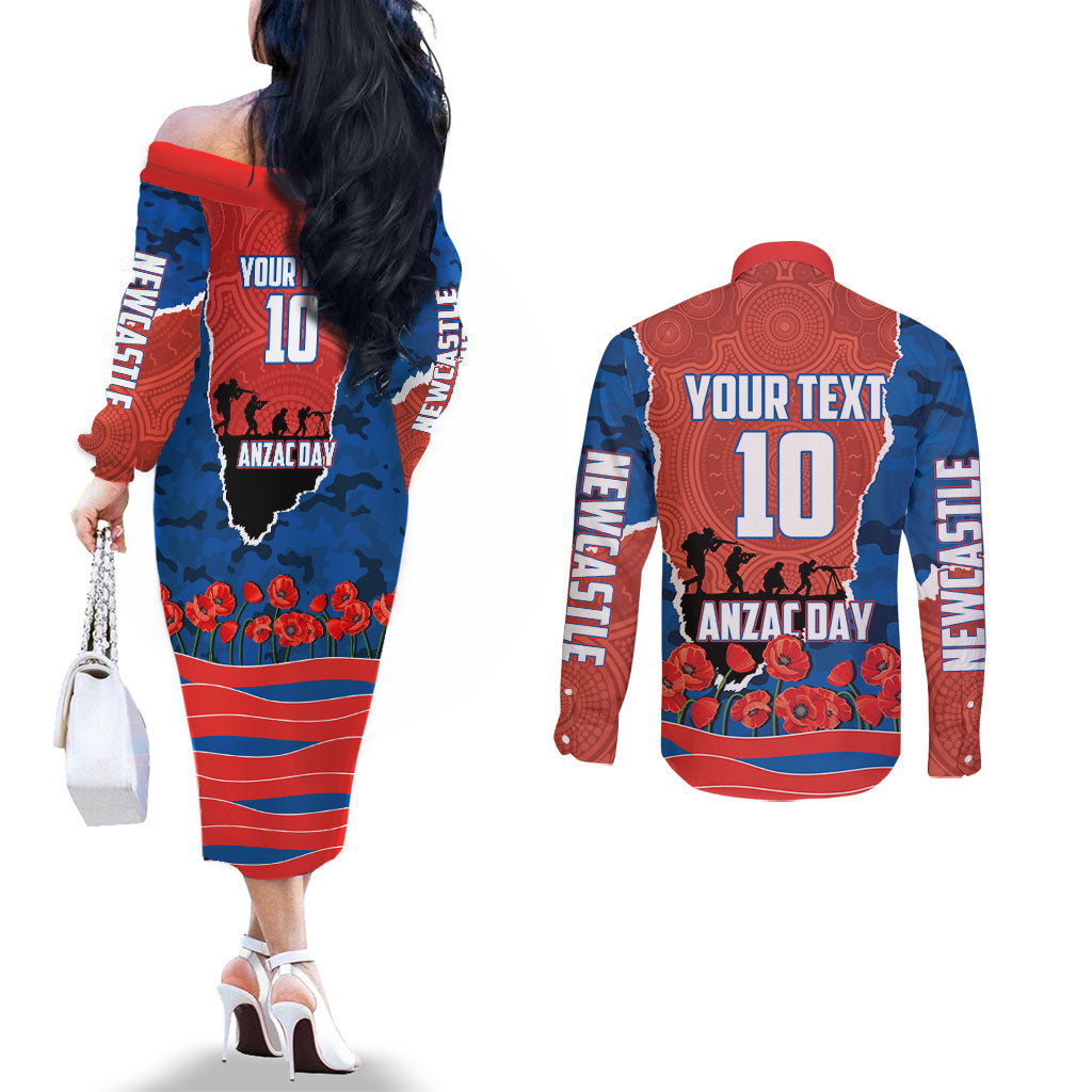 Personalized Newcastle Knights ANZAC Tribute Couples Matching Off The Shoulder Long Sleeve Dress and Long Sleeve Button Shirt Poppy Field Soldier Silhouette Aboriginal Rugby Mascot