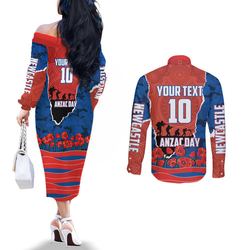Personalized Newcastle Knights ANZAC Tribute Couples Matching Off The Shoulder Long Sleeve Dress and Long Sleeve Button Shirt Poppy Field Soldier Silhouette Aboriginal Rugby Mascot